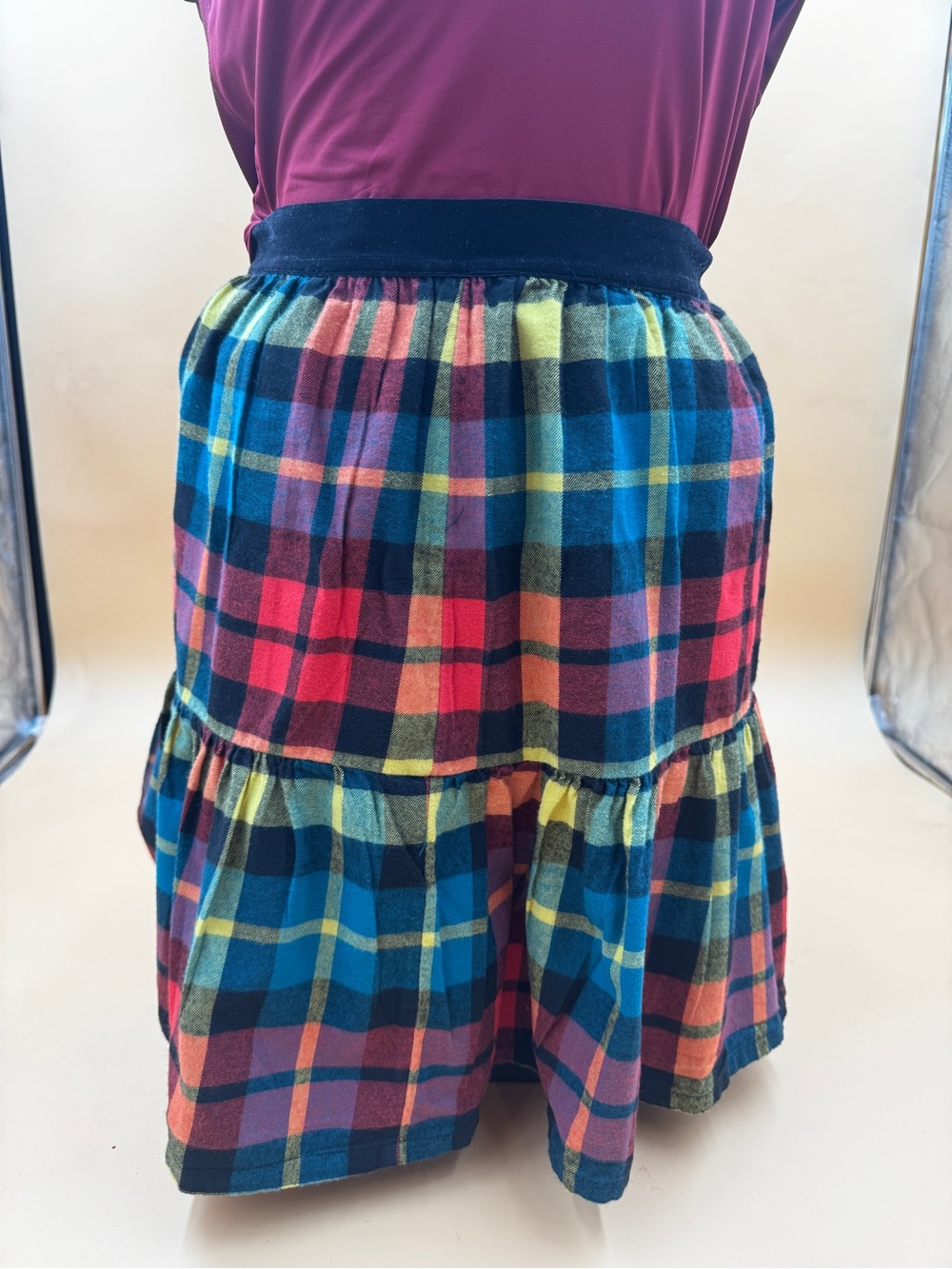 Hanna Andersson Multicolor Plaid Tiered Skirt with Navy Waistband
